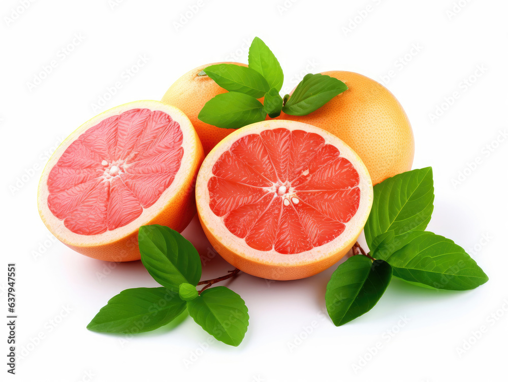 Grapefruit with slices and green leaves isolated on white background Grapefruit with slices and green leaves isolated on white background
