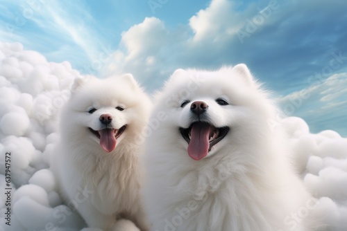 cute Samoyed dogs on cloud background, close-up