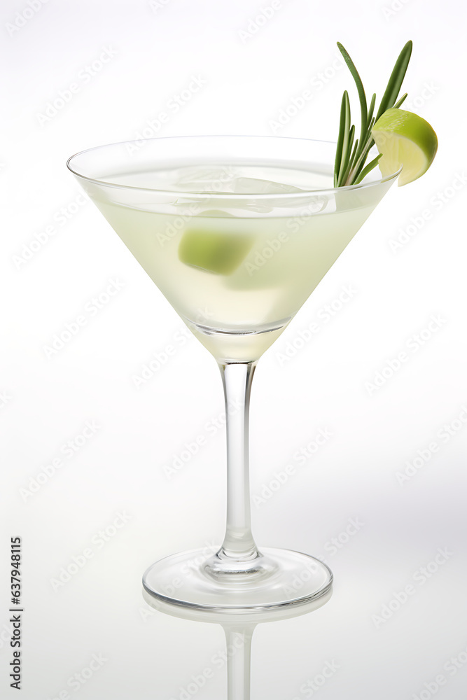 cocktail with ice and lime, isolated white background