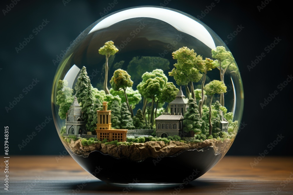 A big crystal ball full of green trees with church