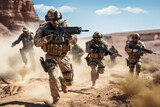 Armed Special Forces sprint through desert battlefield in full gear. Intense wartime action..