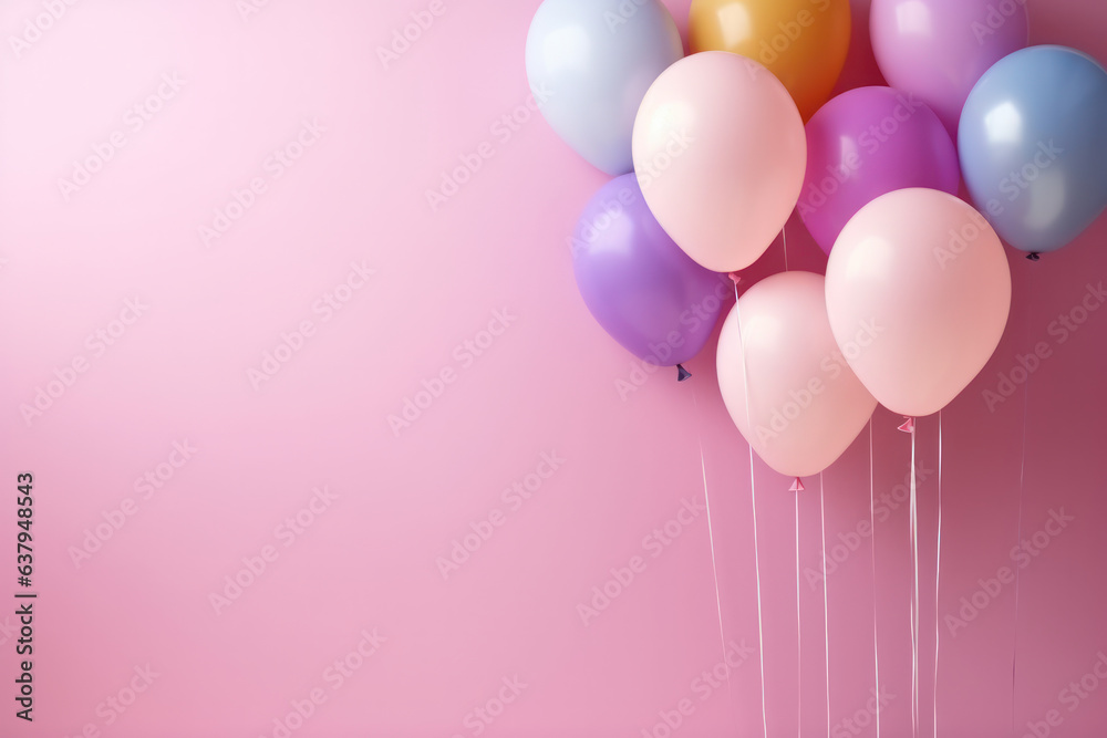 Colorful balloons on pink wall with copy space. Celebratory concept for events like birthdays, weddings, and parties..