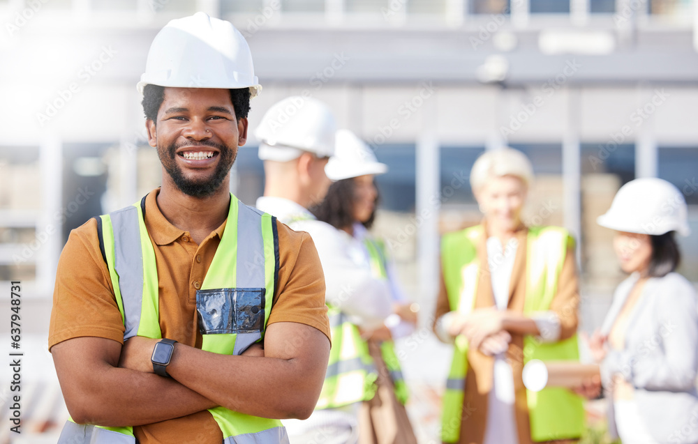 Black man, architect and arms crossed, construction site and maintenance, contractor job and smile in portrait. African engineer, confident and professional with urban infrastructure and renovation Black man, architect and arms crossed, construction site and maintenance, contractor job and smile in portrait. African engineer, confident and professional with urban infrastructure and renovation