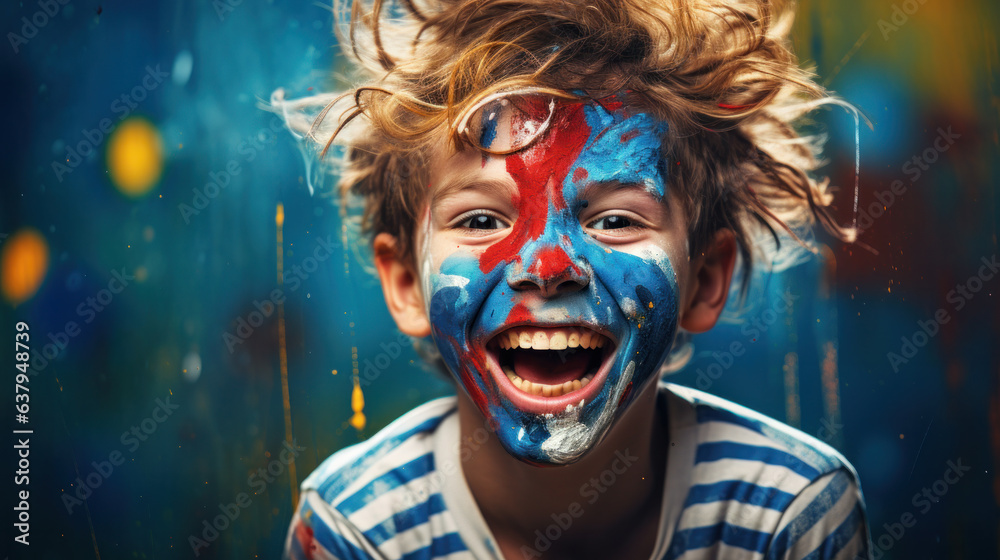 Face of young happy boy with face art. Soccer team fan, sport event, faceart and patriotism concept. Studio shot copy space