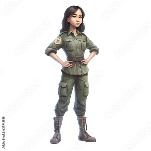 Illustration of a female soldier in uniform on a white background.