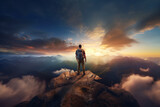 Hiker atop mountain, backpacked, gazing at sunset. Sky and clouds backdrop create serene landscape..