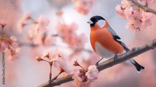 A little bird is sitting on the branch of a blossom flower tree. 