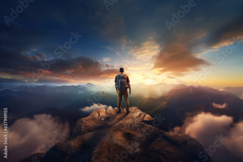 Hiker atop mountain  backpacked  gazing at sunset. Sky and clouds backdrop create serene landscape..