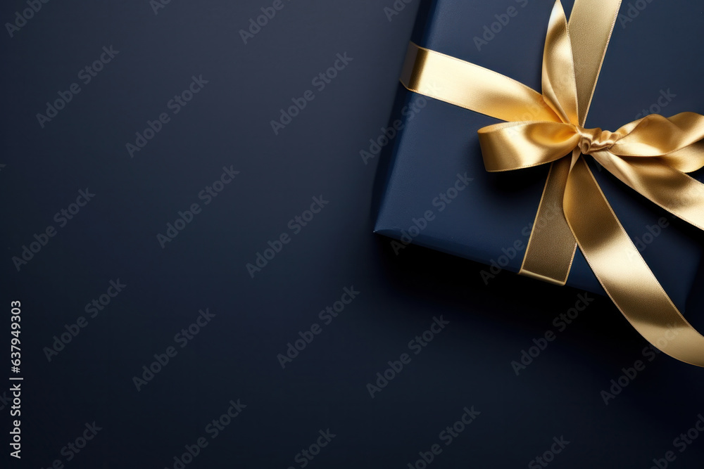 Dark blue gift box, gold satin ribbon on dark background. Ideal for holiday or Christmas present with copy space. Dark blue gift box, gold satin ribbon on dark background. Ideal for holiday or Christmas present with copy space.
