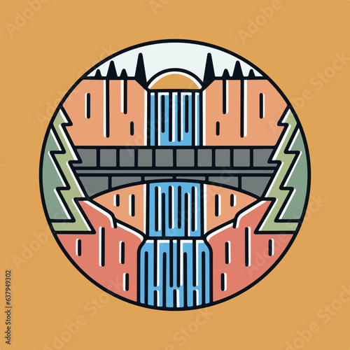 Multnomah Falls Waterfall Oregon mono line vector illustration design for t shirt badge sticker etc