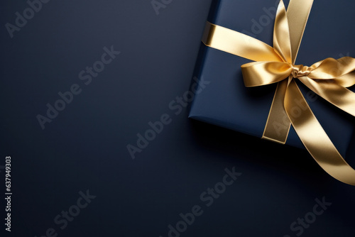 Dark blue gift box, gold satin ribbon on dark background. Ideal for holiday or Christmas present with copy space.