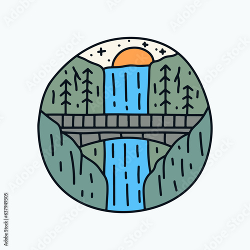 Multnomah Falls Waterfall Oregon mono line vector illustration