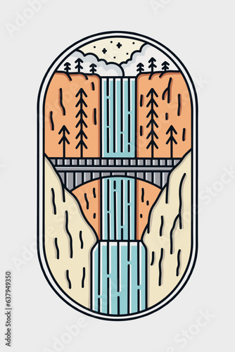 Multnomah Falls waterfall in Oregon USA mono line t shirt badge sticker vector illustration photo