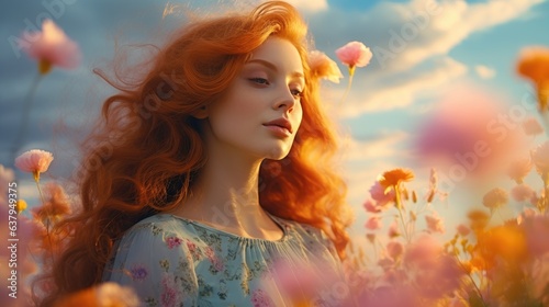 Beautiful redhead woman. Orange, pink and yellow flowers in the field, blue smoke, pastel colors. Generative AI © piai