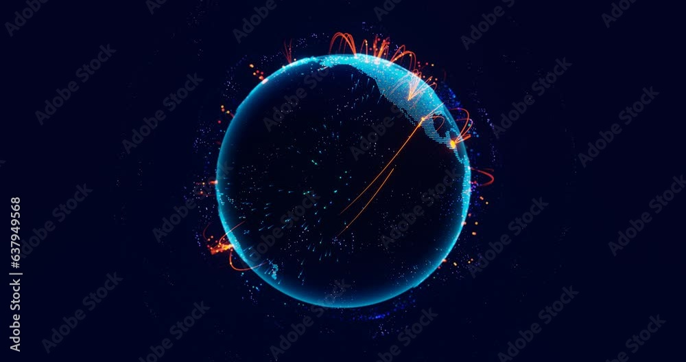 Digital earth globe rotating with digital network lines. Concept of futuristic global network connection and data communication, Transmit and transfer data. Seamless loop 3D animation.
