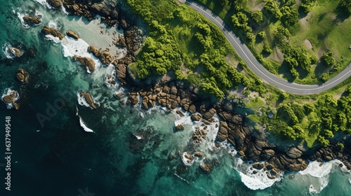 Generative AI, Aerial view of curved asphalt road near the ocean or sea, coastline © DELstudio