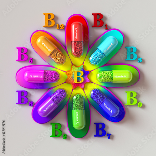 Fotografía Medical background, concept, B group vitamin capsules are located on the petals
