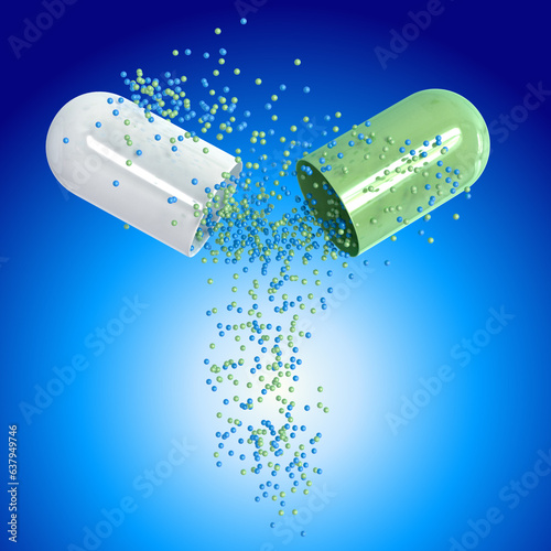 Medical background in blue tone, pharmaceuticals for digestion, plastic container capsule in levitation state, flight with open components, probiotics food additives in capsules, 3D rendering