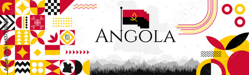 The Angola Independence Day abstract banner design with flag and map. Flag color theme geometric pattern retro modern Illustration design. Red and Yellow color template.
