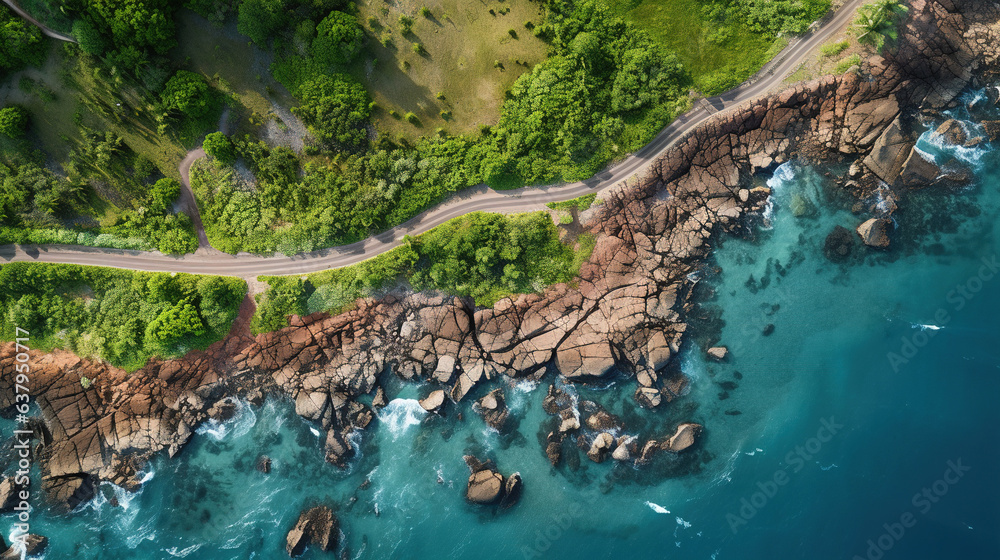 Generative AI, Aerial view of curved asphalt road near the ocean or sea, coastline - obrazy, fototapety, plakaty 