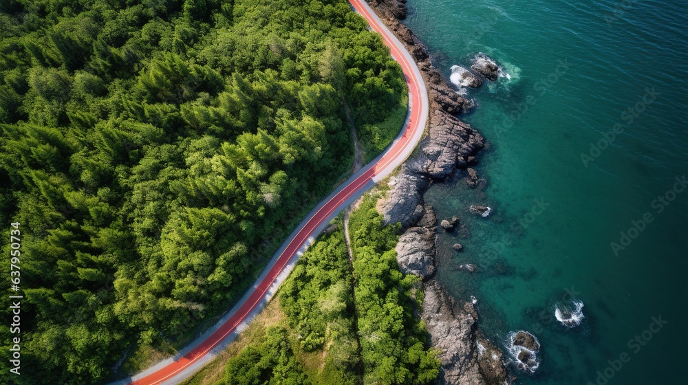 Generative AI, Aerial view of curved asphalt road near the ocean or sea, coastline