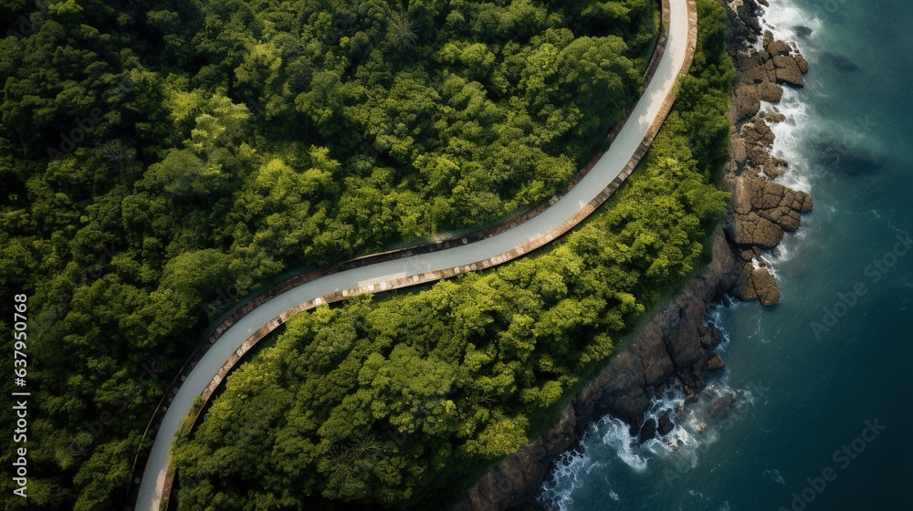 Generative AI, Aerial view of curved asphalt road near the ocean or sea, coastline Generative AI, Aerial view of curved asphalt road near the ocean or sea, coastline