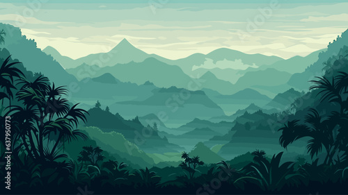 Vector illustration of horizontal panorama tropical rainforest in silhouette style with trees and mountains, jungle concept