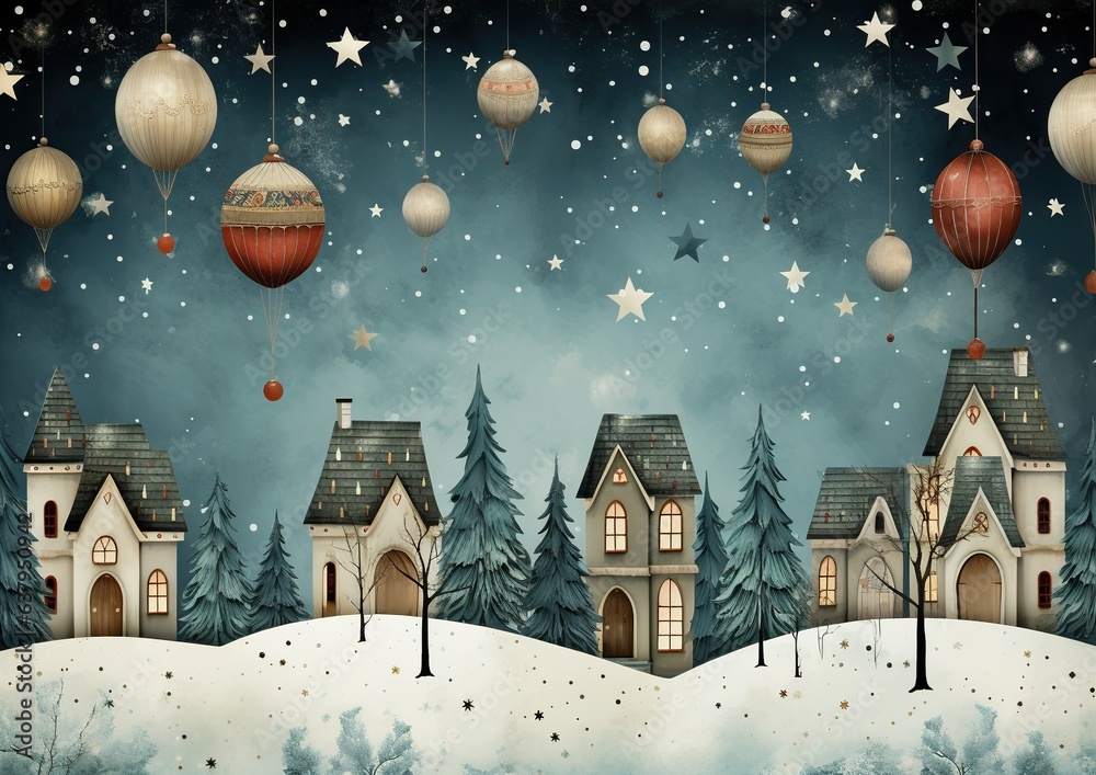 Naklejka premium A captivating winter scene featuring charming houses adorned with twinkling lights, surrounded by a festive atmosphere that evokes the enchantment of the holiday season. Generative Ai.