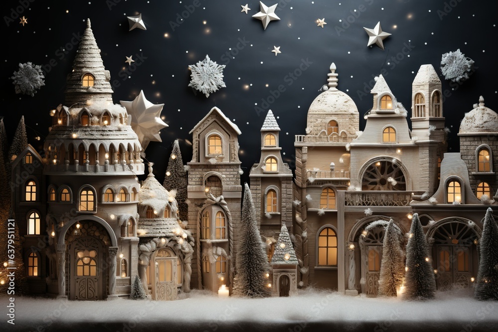 Fototapeta premium A captivating winter scene featuring charming houses adorned with twinkling lights, surrounded by a festive atmosphere that evokes the enchantment of the holiday season. Generative Ai.