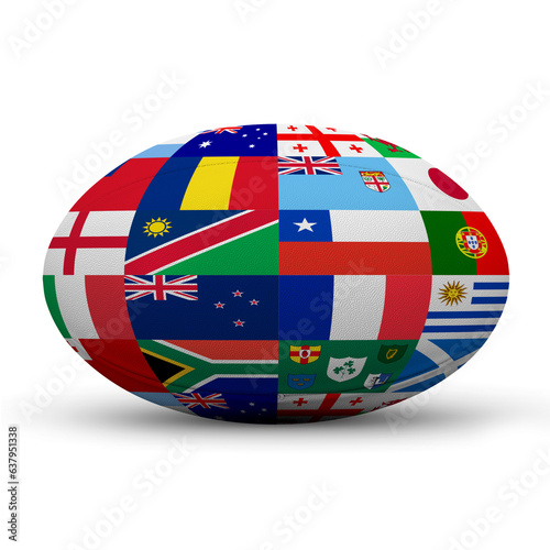 Isolated rugby ball printed with the flags of the qualified teams of Rugby World Cup 2023. 3D illustration photo