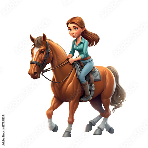 Young girl riding a horse isolated on white background. Cartoon character. © Ehtisham