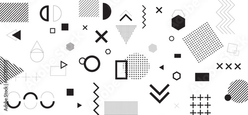 A big set of geometrical figures in black and white colors pattern for wallpapers, backgrounds, fabrics, packaging, 