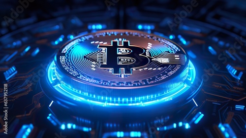 golden bitcoin cryptocurrency coin on electronic chip background, generative AI