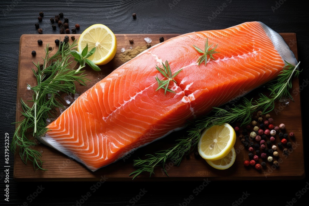 raw Salmon slice on rustic background, AI Generated raw Salmon slice on rustic background, AI Generated