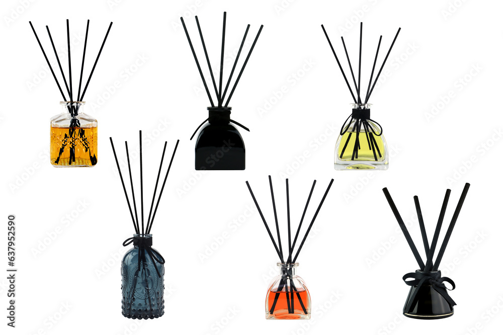 luxury aroma scent reed diffuser glass bottles are on the white background they are many colour , black , blue , yellow , orange and  red which creat relax aroma ambient in the room ( clipping path ) - obrazy, fototapety, plakaty 