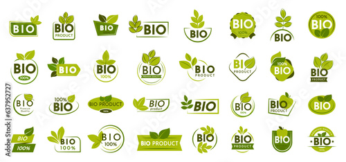 Bio product logo collection. Food stamps, badges and emblems photo