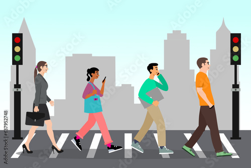People Crossing Pedestrian Area in City Flat Cartoon Vector Illustration. People walking through crosswalk.