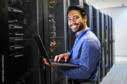 Canvastavla Man, engineering computer and server room, data center and portrait for system solution, electrician inspection or cybersecurity