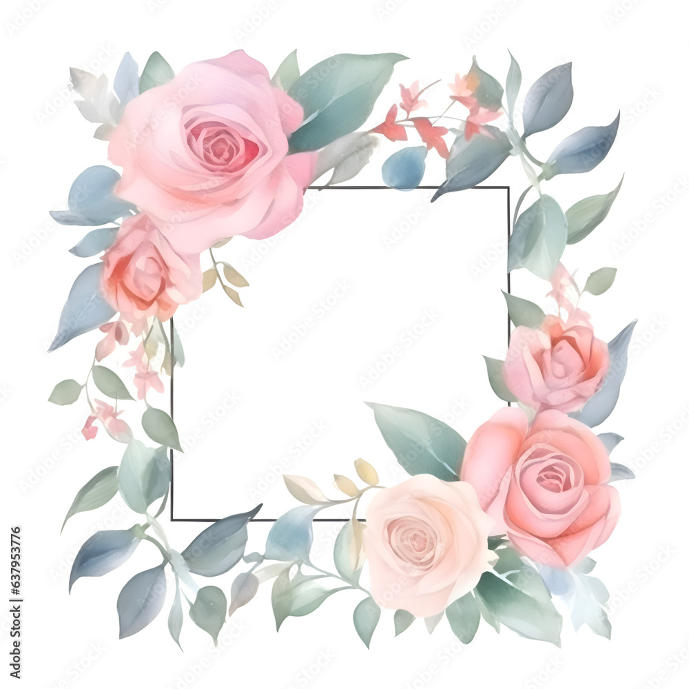 Watercolor floral frame with pink roses and eucalyptus.