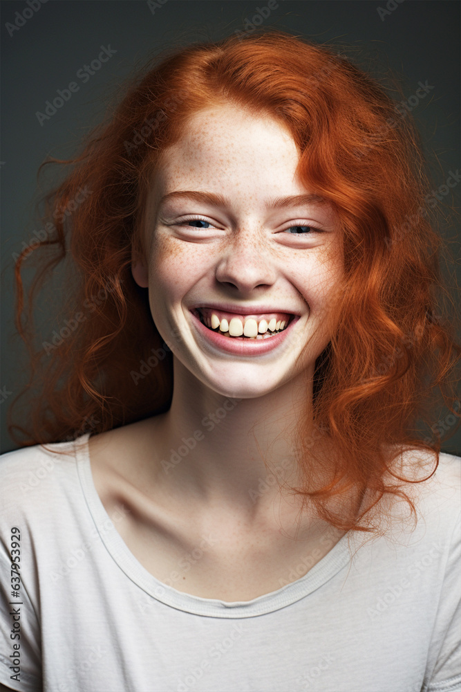 Closeup portrait of a red-haired girl with a beautiful smile Closeup portrait of a red-haired girl with a beautiful smile