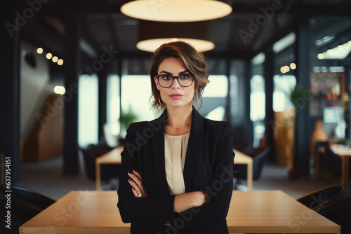 Professional Woman Engrossed in Work at Serene Office Space, Exhibiting Confidence and Focus photo