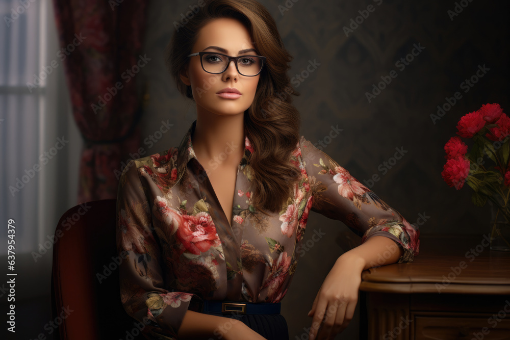 Professional Elegance and Feminine Sophistication: A Captivating Portrait of a Woman in Office, Tastefully Fashioned in a Floral Tunic with Wide-Leg Pants Professional Elegance and Feminine Sophistication: A Captivating Portrait of a Woman in Office, Tastefully Fashioned in a Floral Tunic with Wide-Leg Pants