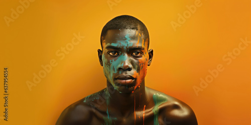 Portrait of an African man covered in green and orange paint against an orange background.