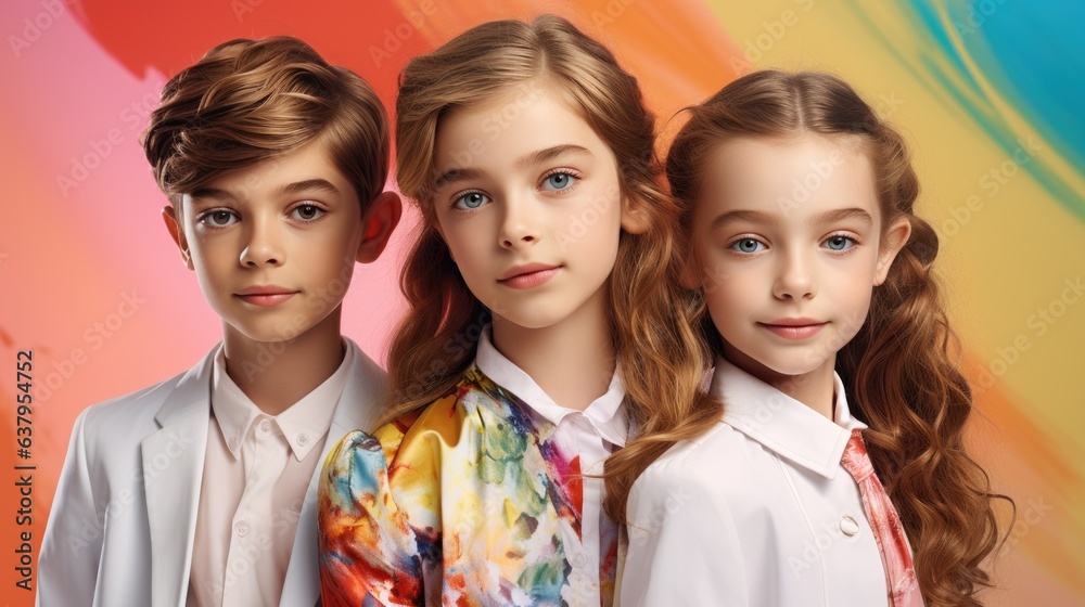 Three kids colourful background, joyful and optimistic. Generative AI Three kids colourful background, joyful and optimistic. Generative AI