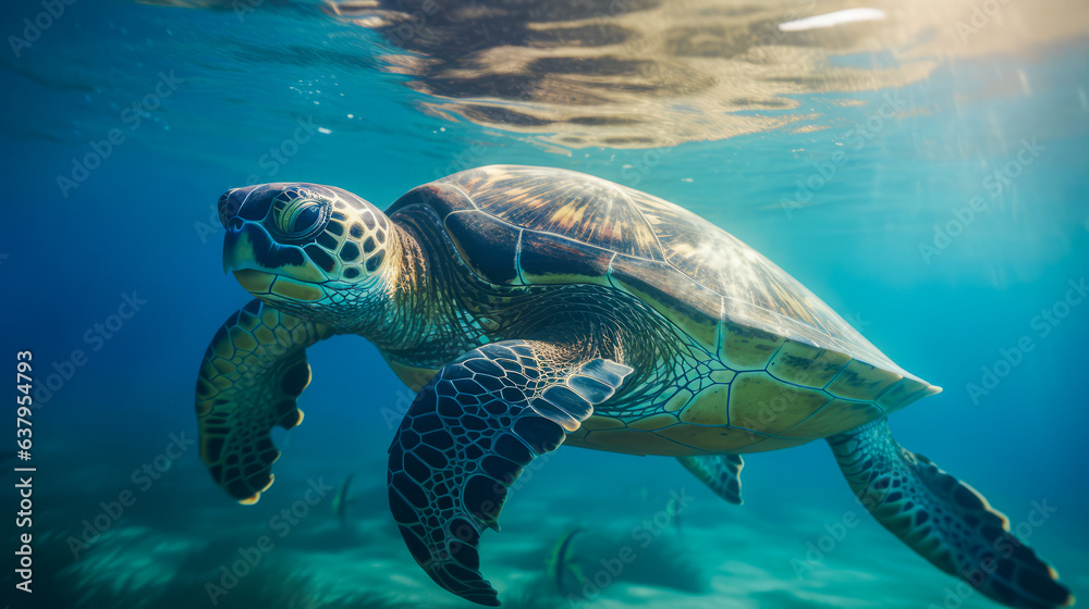 Fototapeta premium Sea turtle underwater, blue clear water, sun's rays make their way through water. Underwater world. Sea inhabitants. Generated by AI