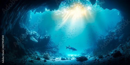 Immerse yourself in the mesmerizing beauty of the underwater sea Experience the enchanting blue sunlight seeping through the depths Immerse yourself in a world of tranquility