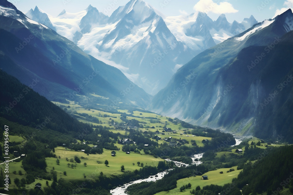 Mountains valley village, beautiful landscape in the french alps, view of mountain's traditional cottages on the snow mountains background. AI Generative