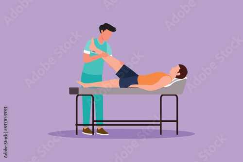 Cartoon flat style drawing male therapist helping patient to raise leg for exercise. Physical therapy treatment. Rehabilitation center. Passive and active exercise. Graphic design vector illustration
