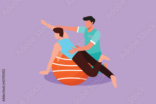 Cartoon flat style draw physiotherapy rehabilitation isometric composition with male patient lying on top of rubber ball with medical assistant. Healthcare concept. Graphic design vector illustration