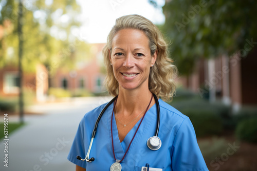 A Dedicated and Knowledgeable Nurse Practitioner with Compassionate Patient Care, Expertise, and Skilled Healthcare Practice, Wearing a Doctor's Uniform and Holding a Stethoscope in Her Hand photo